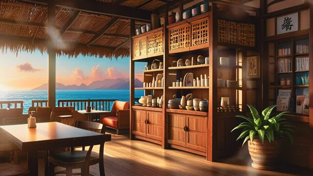 Mandarin style restaurant interior with beach background, in a smooth looping background with 4K video animation.