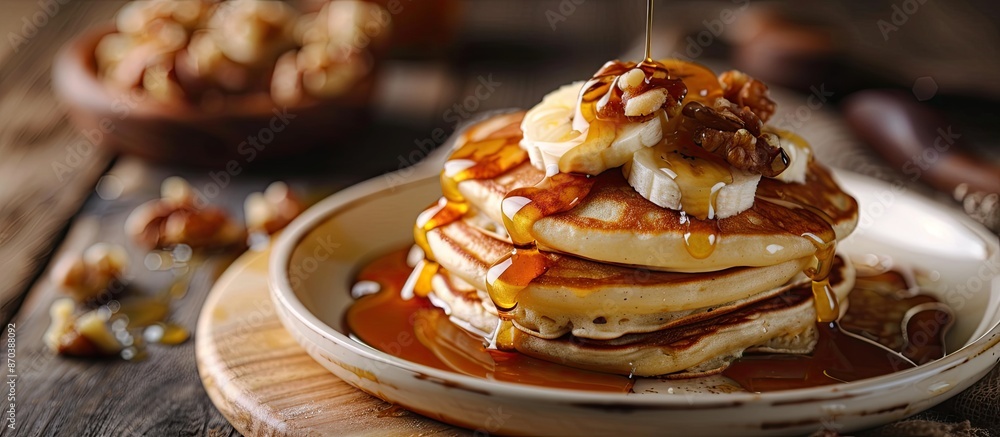 Poster a tempting breakfast scene: fluffy homemade pancakes topped with banana, walnut, and caramel on a da