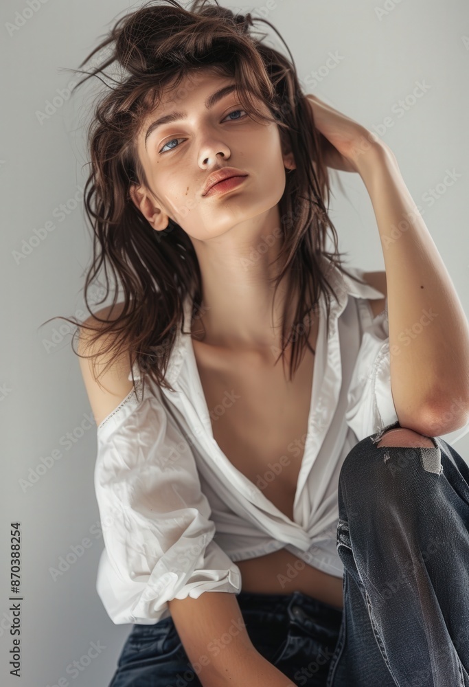 Wall mural a woman sitting on a chair with her hair in a bun