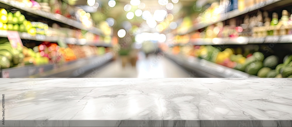 Poster marble top table with copy space image amid a blurred supermarket backdrop.