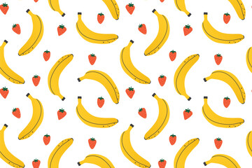 summer seamless fruits pattern with banana and strawberry, perfect for summer-themed apparel, home decor, packaging, stationery items and and greeting cards- vector illustration