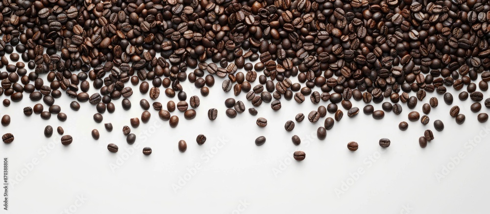 Poster top view of numerous roasted coffee beans on a white background, with ample copy space image availab