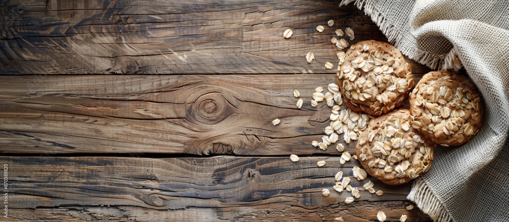 Aufkleber Cookies made with oats displayed on a rustic wooden table with copy space image availability.