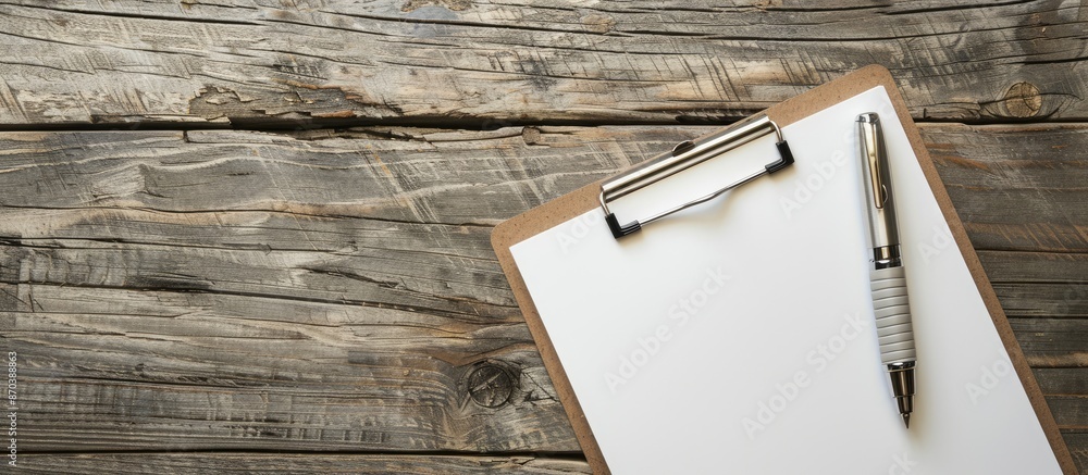 Leinwandbilder a pen placed on a clipboard, resting on a wooden table with blank paper, creating a simple yet elega