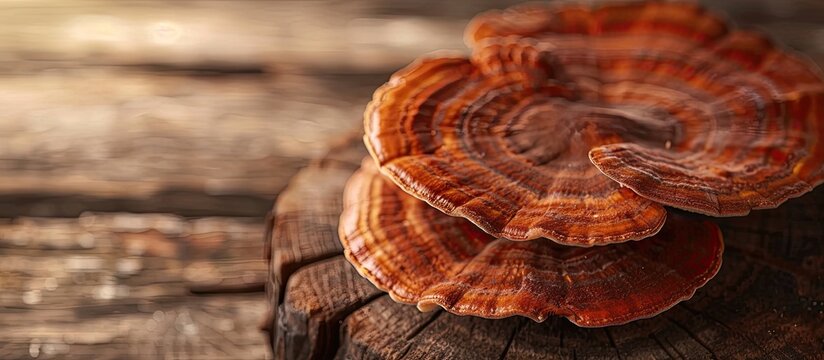Detailed close-up view of Ling zhi mushroom, Ganoderma lucidum, displayed on a wooden surface, providing ample copy space image.