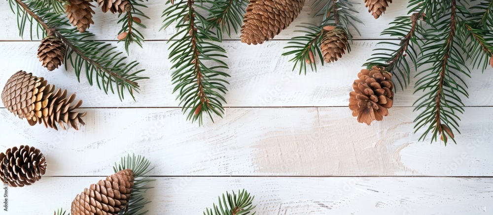 Aufkleber top view of a christmas and new year's composition with pine cones and spruce branches on a white wo