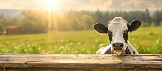 A white and black dairy cow (heifer) stares at the camera on an empty wooden table in a countryside landscape with sunbeams, creating a template for dairy products with copy space image.