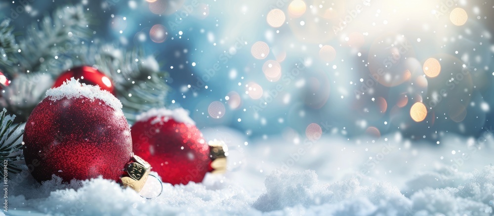 Poster Festive Christmas background featuring baubles on snow with available copy space image for text.
