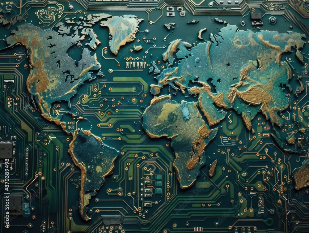 Poster a computer chip with a map of the world on it. the map is made of gold and blue colors