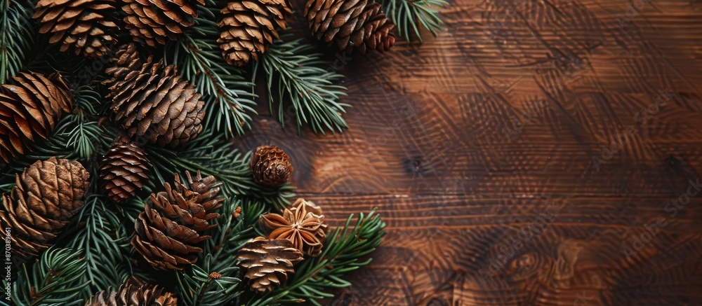Poster a festive display for christmas and new year, featuring pine cones and spruce branches on a wooden b