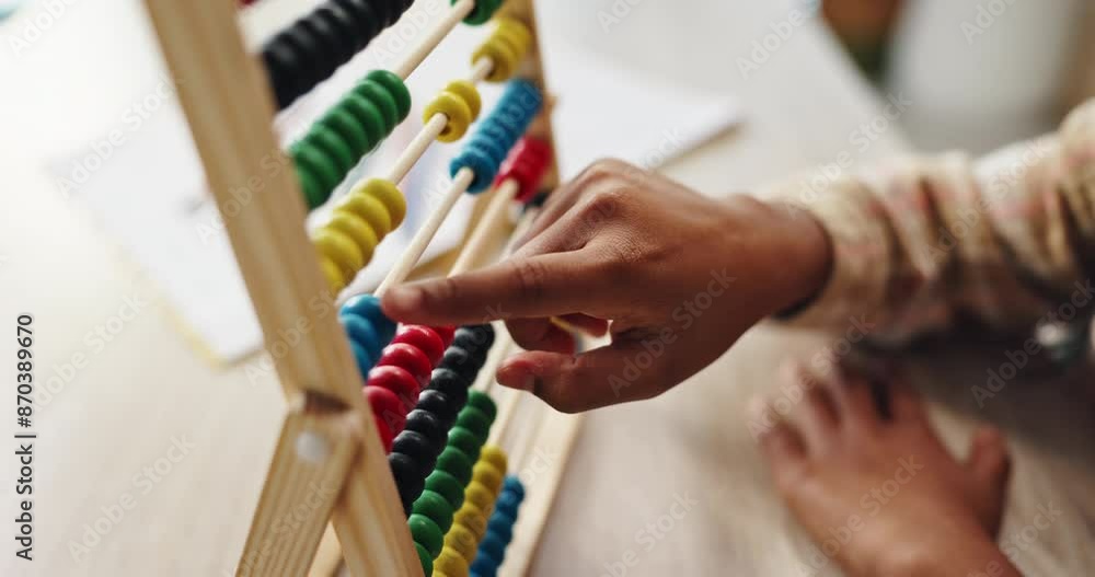 Poster counting, child and hand on desk, abacus beads and closeup of education and student in middle school