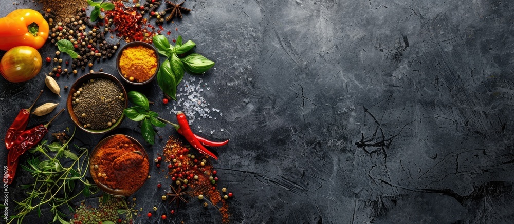 Poster Flat lay of various spices displayed on a dark concrete background with ample copy space image.