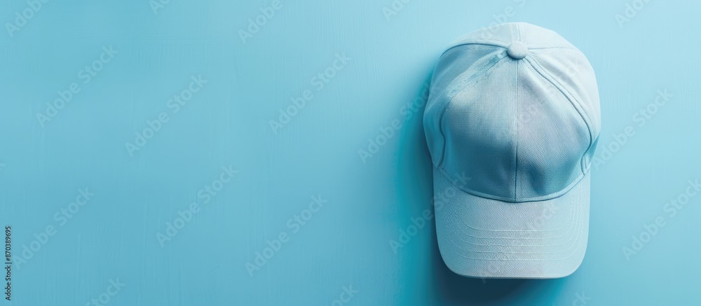 Aufkleber Top view of a baseball cap placed on a light blue surface with space available for text in the image. copy space available
