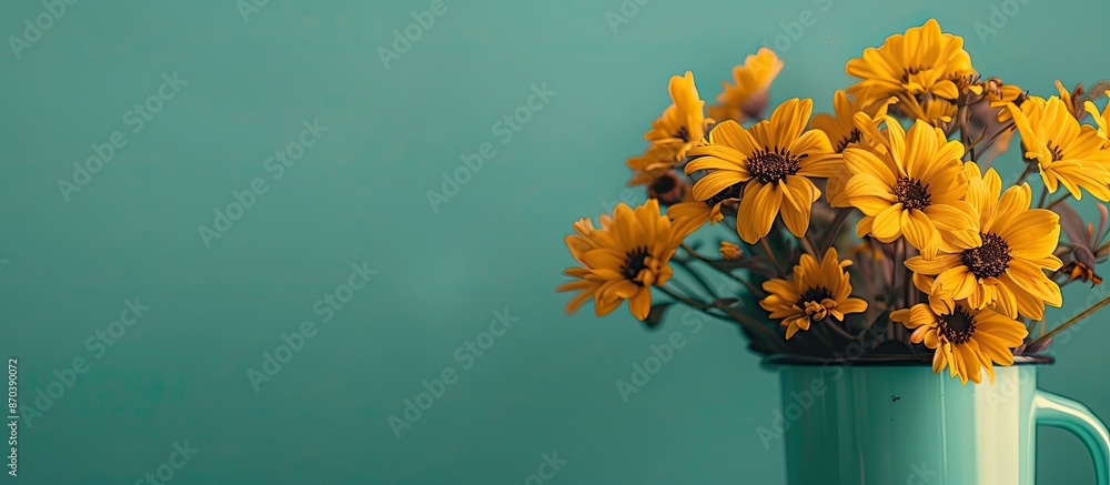 Poster A vibrant display of yellow flowers in a mug against a soft green backdrop with text and ample copy space image.