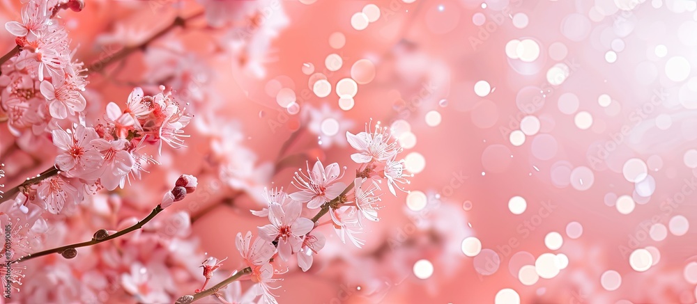 Poster a pink backdrop adorned with dainty white blooms, bokeh effect, and available copy space image.