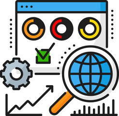 Web development vacancy, web analyst career, IT specialist job line color icon. Web development career, IT technology data analysis outline vector icon with diagram, browser and magnifying glass