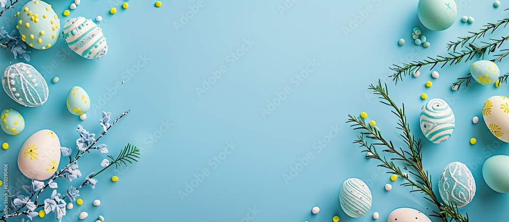 Poster easter holiday decorations arranged on a blue background create an easter-themed scene seen from abo