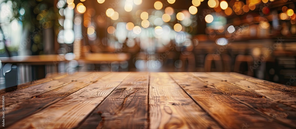 Poster an empty brown wooden table at a coffee shop with a blurred background and bokeh effect, perfect for