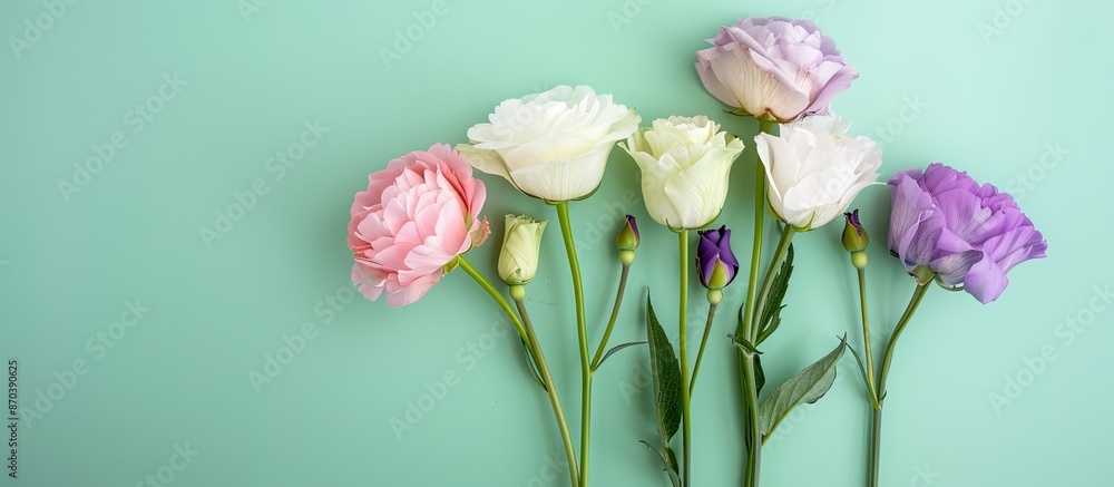 Poster beautiful summer flowers - white, pink, and violet eustoma set on a green and blue background with a