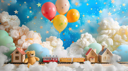 Arch takes center stage, adorned with pastel balloons drifting amidst fluffy clouds and twinkling stars. Scatter big kids toys and decorative clouds on the floor, and place a cheerful teddy bear