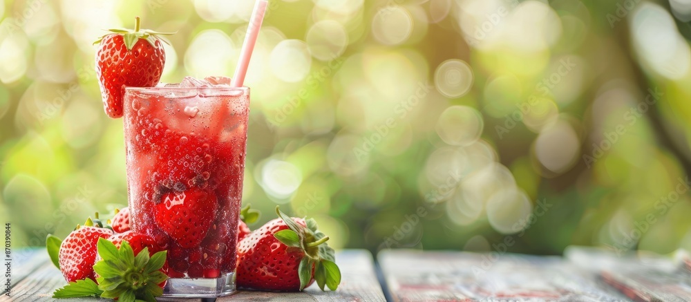 Poster a refreshing strawberry beverage in a glass with a straw, perfect for a cool summer treat and featur