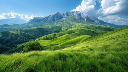 Obraz premium Mountain Landscape with Lush Green Grass and Blue Sky.