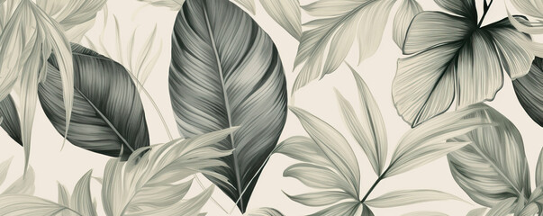 Vintage botanical illustration of tropical leaves, boho style wallpaper