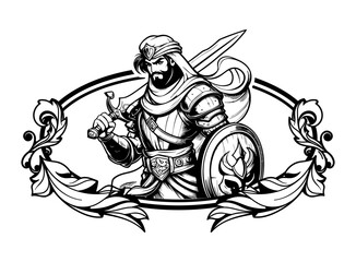 Arabian knight with sword and shield black and white cartoon character illustration comic drawing logo or coloring page vector design