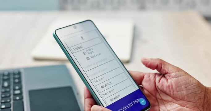 Hands, phone screen and application for holiday location, online booking and travel website with flight itinerary package. Person, mobile and check car rental, hotel hospitality and adventure ticket