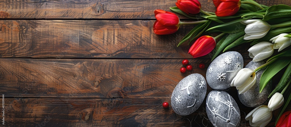 Poster colorful silver easter eggs and tulips set on a brown wooden backdrop in a top view composition with