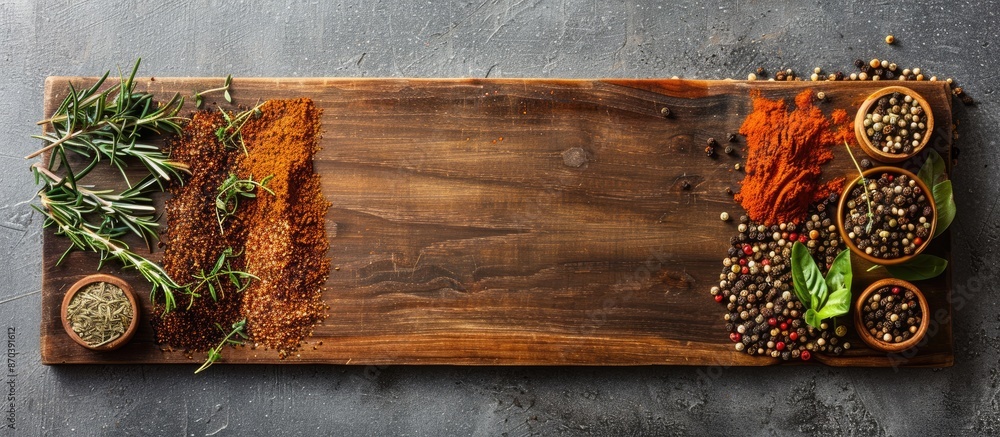 Poster Flat lay image of spices arranged around a wooden cutting board on a textured gray tabletop, with a designated copy space for text.
