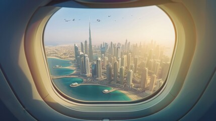 Fototapeta premium Aerial View of Dubai Skyline from Airplane Window