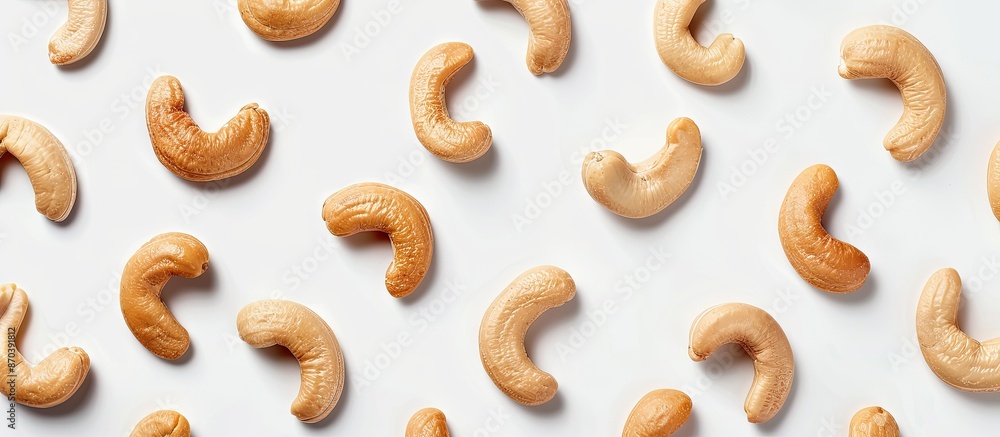 Poster White background showcasing a pattern made of peanuts and cashews with copy space image.