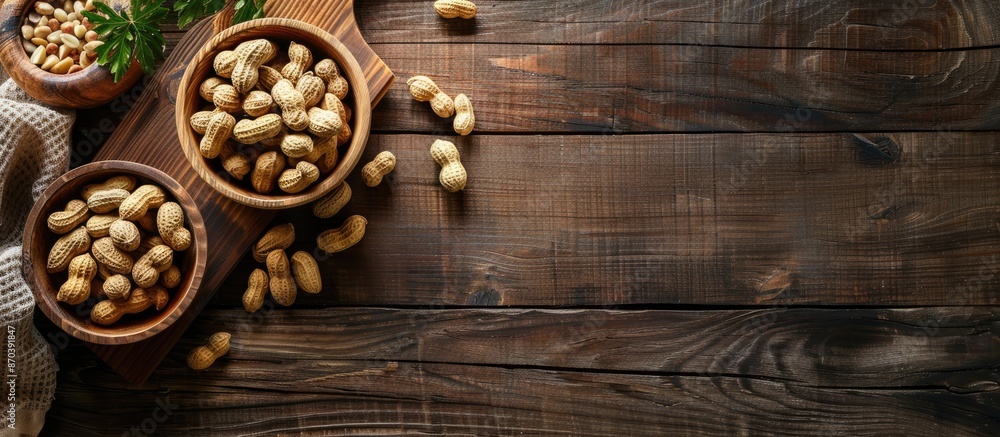 Poster An overhead shot of a peanut in a bowl placed on a cutting board on a wooden table with copy space image.