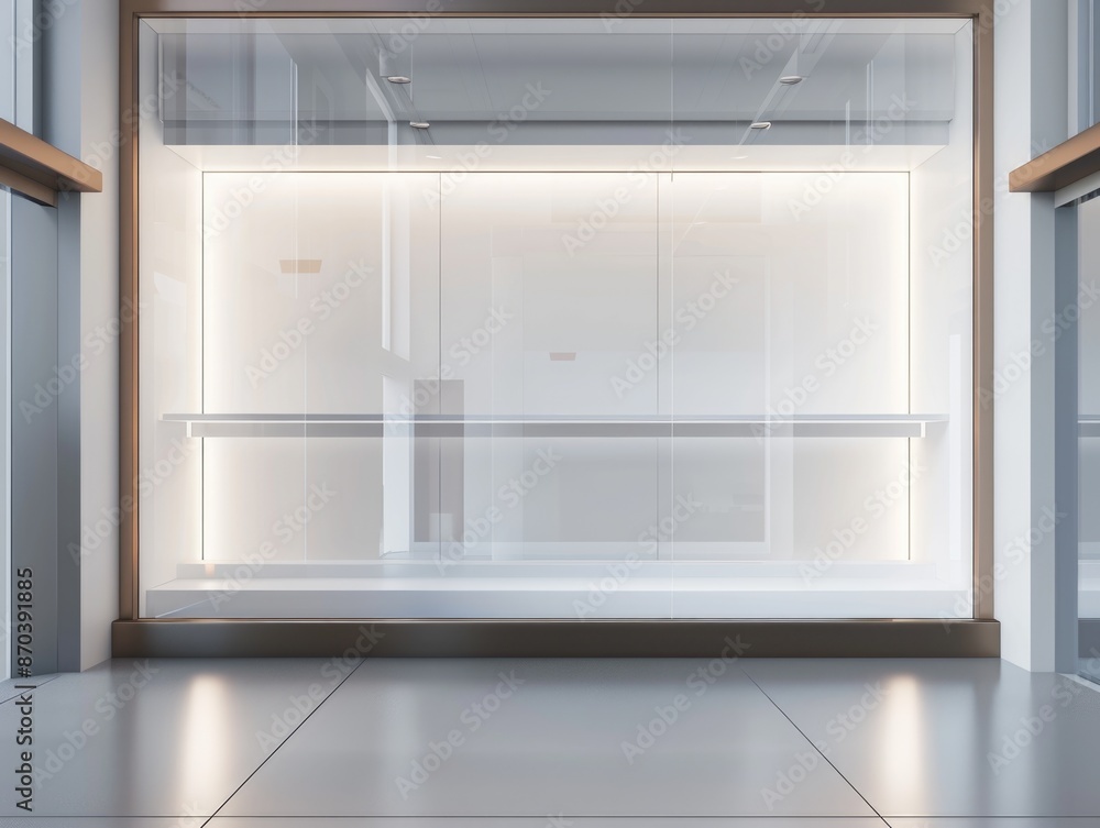Poster a large glass window with a white background. the window is empty and has a modern look. the light s