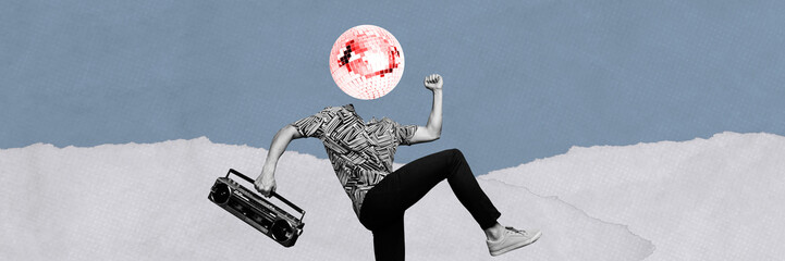 Composite panoramic collage of headless man instead face disco ball carry boombox retro party...