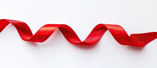 A bright red ribbon set against a clear white backdrop with copy space image available for custom designs.