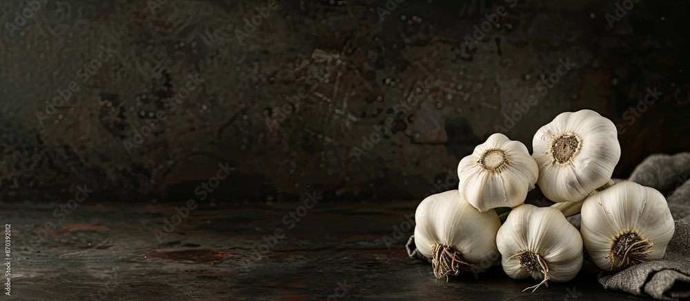 Aufkleber Garlic bulbs are displayed on a dark background with room for text on the right side in the copy space image.