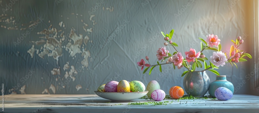 Aufkleber A table with ample free space for decorating and displaying Easter eggs, featuring a clear background suitable for adding images or text.