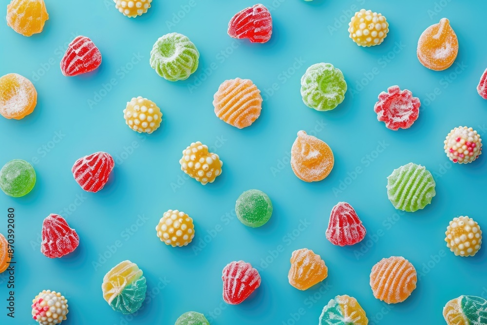 Poster a blue background with a variety of colorful candies. the candies are arranged in a pattern, with so
