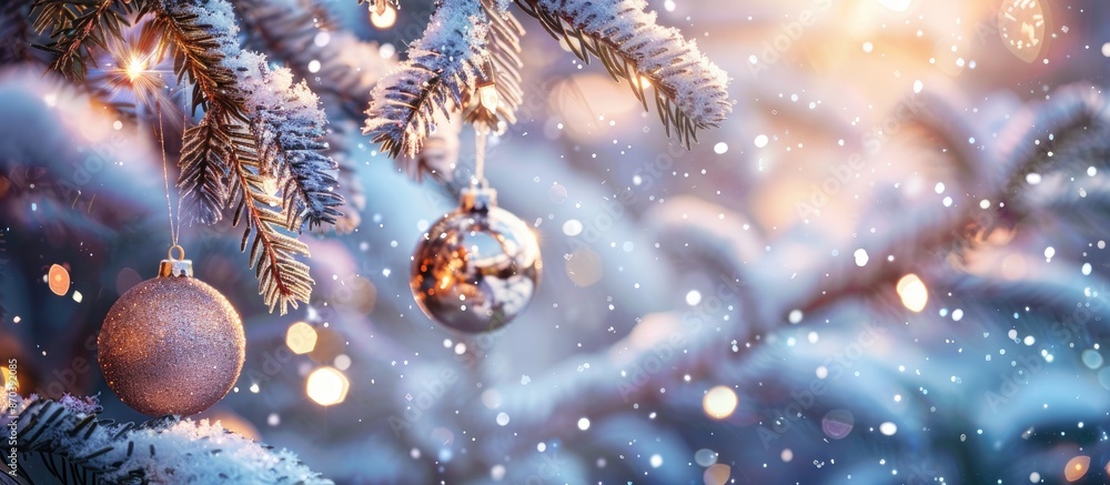 Aufkleber a festive scene featuring shiny christmas ornaments hanging from a snow-dusted tree branch with a re