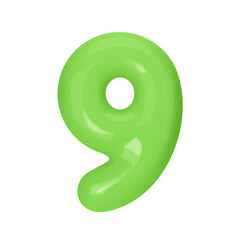 Numeral 9 - Green Plastic Balloon Number nine Isolated on White Background. 3D Style Vector Illustration