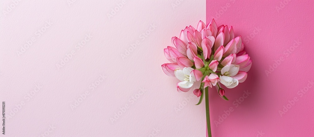 Poster flat lay top-down view of a pink clove flower set against a pink and white background with ample cop