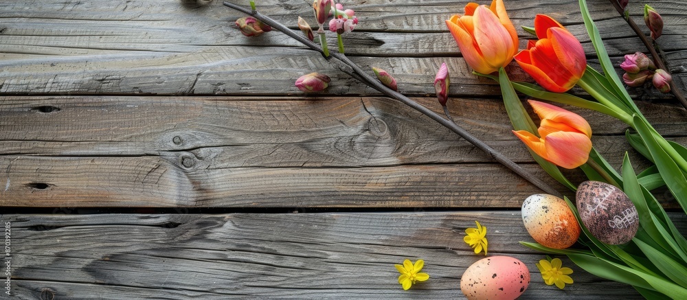 Aufkleber tulips and easter eggs displayed on wooden planks with copy space image.