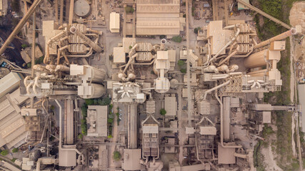 Aerial view cement factory, Cement product plant silo towers, pipes structure industrial, Cement manufacturing plant
