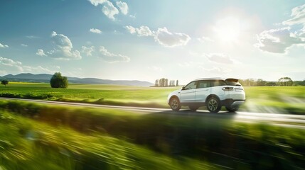 White SUV driving through scenic landscape on sunny day. Captures beauty of nature and travel. Perfect for concepts of freedom, adventure, and relaxation.