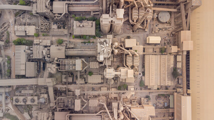 Aerial view cement factory, Cement product plant silo towers, pipes structure industrial, Cement manufacturing plant