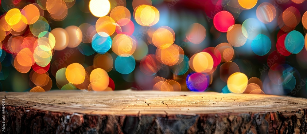Leinwandbilder Product displayed on a log wood tabletop with a colorful bokeh light background, ideal for showcasing with copy space image.