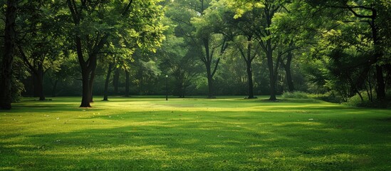 Obraz premium Empty template with a lush green park featuring trees, ideal for a copy space image; nature-themed wallpaper illustrating environmental awareness.