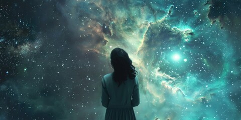 Fototapeta premium A woman stands in front of a large, colorful nebula. Concept of wonder and awe at the vastness of the universe